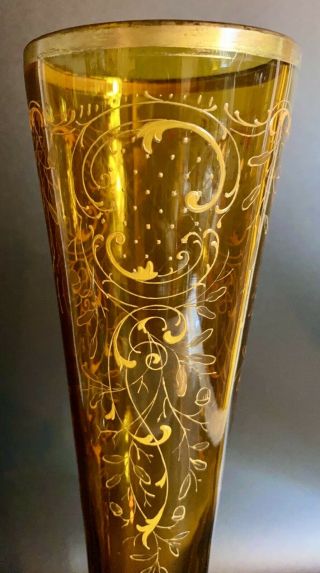 Vintage Trumpet Vase,  Moser Style - 16”,  Gold,  Amber,  Raised Enamel 2