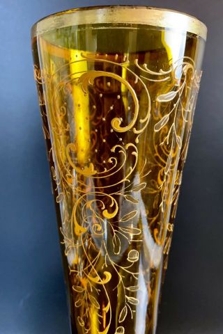 Vintage Trumpet Vase,  Moser Style - 16”,  Gold,  Amber,  Raised Enamel 3