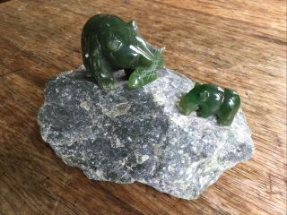 Vintage Carved Green Stone Jade Polar Bears With Fish On Base