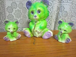 Vintage Japan Ceramic Bear & Cubs On Chain Figurine Set - Lime Green - Box