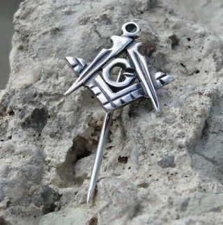 Sterling Silver 925 Masonic Square Compass G Symbol Brooch Stickpin Handmade