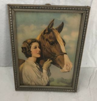Antique Vintage Framed Horse Litho Print Picture Woman With Horse