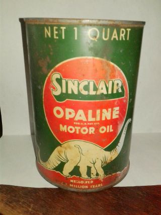 Vintage Metal Sinclair Opaline Motor Oil Quart Can Empty Lg White Dinosaur Pic