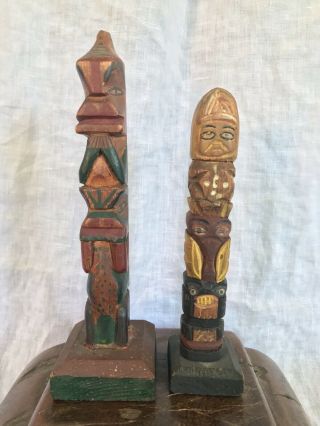 2 Vintage Hand Carved Wood Northwest Coast Native American Indian Totem