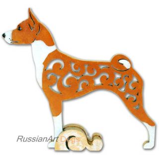 Basenji Dog Figurine,  Statue Made Of Wood,  Color Red/white