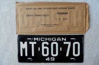 Michigan 1949 Nos Passenger License Plate With Wrapper – Look