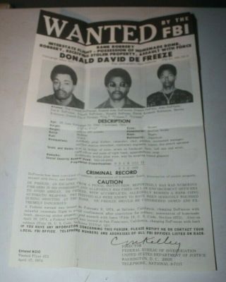 Vintage 1974 Fbi Wanted Poster Donald David Defreeze Very Rare