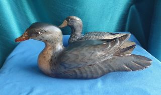 Two Vintage Hand Painted Wooden Duck Decoy Birds One Marked M