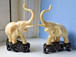 2 Vintage Plastic Elephant Figurines On Stand Vita Co Hong Kong Trunk Up