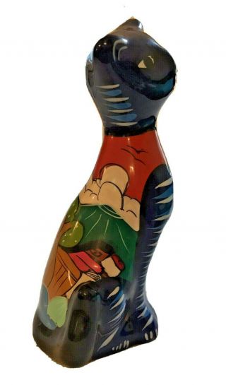 Vintage Cat Figurine Hand Painted Glazed Isidoro Mexican Folk Art Clay Pottery