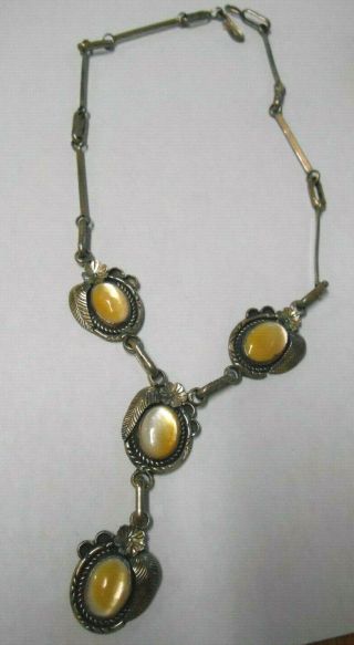 Vintage Native American Artisan Made Sterling Silver Necklace Mother Of Pearl