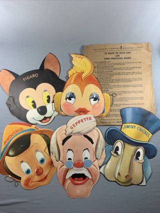 5 Vtg 1939 Pinocchio Masks Disney Gillette Razor Blade Premiums