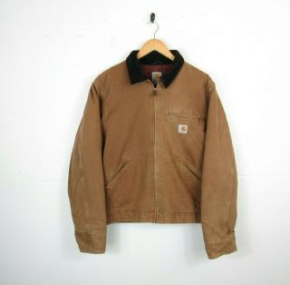 Vtg 90s Carhartt Mens Beige Usa Detroit Jacket Blanket Lined Zip Workwear Medium