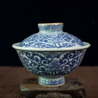 Chinese Old Porcelain Blue And White Double Happiness Lotus Covered Bowl
