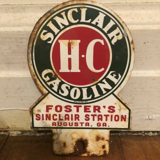 Vintage Fosters Sinclair Station Hc Gasoline Metal License Plate Topper Sign