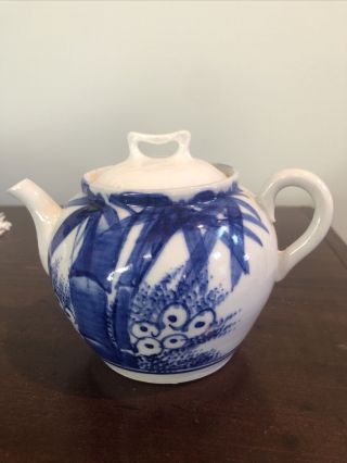 Vintage Antique Small Japanese Ceramic Blue And White Teapot