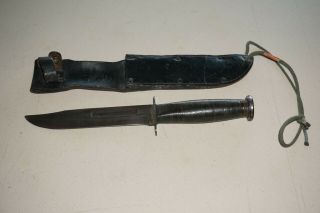 Vintage Ka - Bar Usmc Leather Handle Knife W/ Leather Sheath