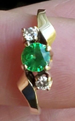 Vintage 10k Solid Yellow Gold Natural Tsavorite Green Garnet -.  14ctw Diamond Ring