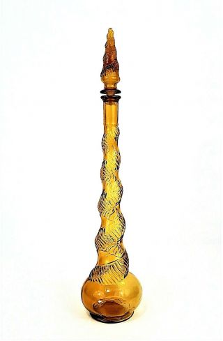 Vintage Italian Empoli Depose Art Glass Genie Bottle Spiral Form Decanter Amber