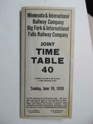 1939 Minnesota & International Railway Big Fork Falls Employee Joint Timetable