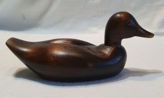 Vintage Hand Carved Wooden Duck With Glass Eyes Dark Stained Wood Folk Art