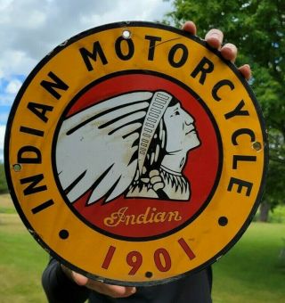 Old Vintage Indian Motorcycles Porcelain Enamel Gas Station Metal Dealer Sign