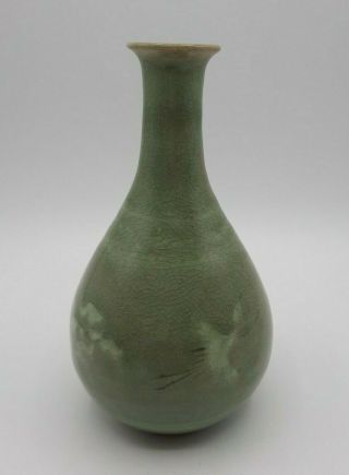 Vintage Celadon Green Glazed Ceramic Pottery Vase Cranes And Clouds Signed