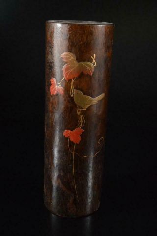 Z1965: Japanese Wooden Flower Bird Gold Lacquer Pattern Flower Vase Ikebana