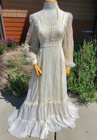 Vtg 1970s Gunne Sax Jessica Ivory Boho Prairie Dress Bridal Wedding Size S/5/7