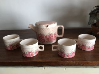 Vintage Hornsea Pottery ‘passion’ Pink Flowers Tea Pot And Four Cups