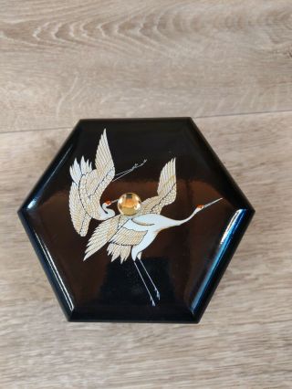 Vintage Black Lacquer Japanese Gold Inlay Cranes 1980 