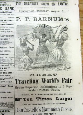 1872 Springfield Illinois Newspaper W Large Illustrated Ad For P T Barnum Circus