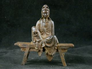 Antique Chinese Brass Hand Made Kwanyin Bodhisattva On Bench Statue