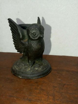 Vintage Owl Figural Toothpick Holder / Match Holder Pot Metal