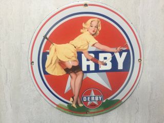 Vintage Derby Gasoline Heavy Porcelain Gas & Oil Sign 12” Man Cave Garage