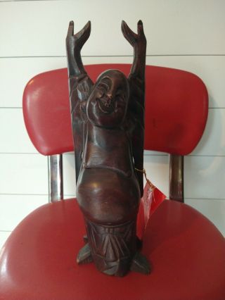 Vintage Happy Buddha Wood Carved Statue 12 " Tall Laughing Hands Raised