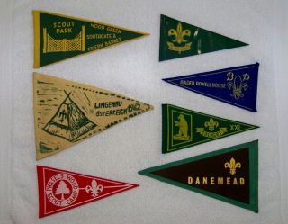 7 Vintage Us Austrian U.  K.  Camp Park Baden Powell House Boy Scouts Pennant Flags