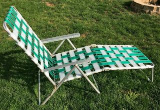 Vintage Aluminum Folding Lawn Chair Chaise Lounge Green & White