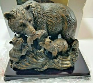 Always & Forever Collectible Fishing Bears Sculpture Bronze Finish Box Wood Base