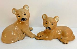 Two Vintage Lion Cubs Porcelain Ceramic Figurines Laying Wild Animal Simba