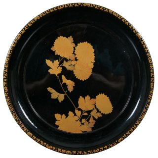 Vintage Japanese Black Lacquered Wood & Gold Floral Plate Lacquer Ware