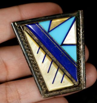 Tarnished Old Pawn Vintage Zuni Turquoise Lapis Multi Inlay Sterling Bolo Tie