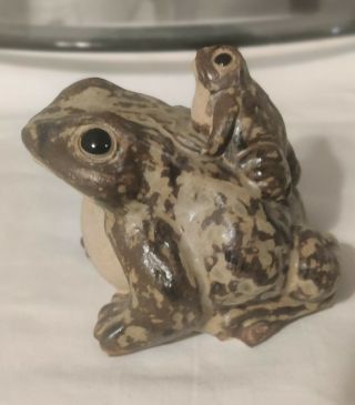 Vintage Clay Rustic Pottery Frog With Baby Figurine