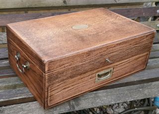 Vintage Solid Oak Cutlery Box With Drawer And Key