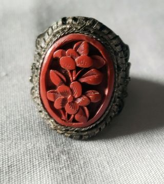 Antique Chinese Export Carved Cinnabar Chinese Floral Brass Ring Semi Adjustable