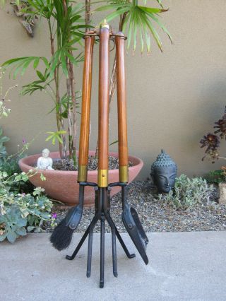 Vintage Seymour Walnut & Iron Fireplace Tools Set Mid Century Modern