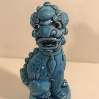 Vtg Chinese Turquoise Blue Porcelain Foo Fu Dog Guardian Lion Statue 2