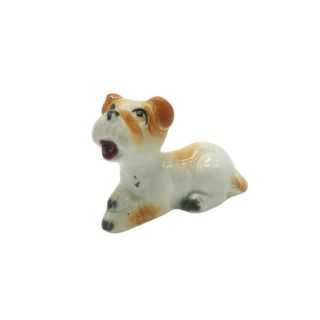 Vintage Terrier Dog Figurine Porcelain White Brown Japan Laying