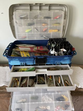 Plano Tackle Box Full Of Vintage Lures Bait Buzzbait Rapala Fred C Young Spinner