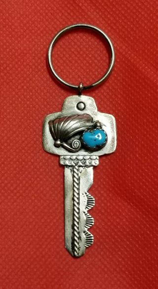 Vintage Turquoise Sterling Silver Keychain Key Ring - Very Unique